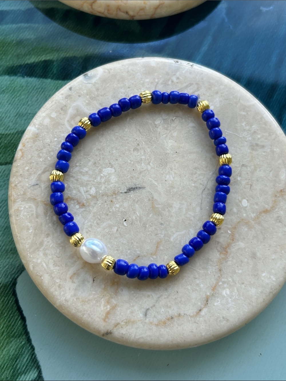 Cobalt Blue Beaded Pearl Accent Stretch Bracelet -